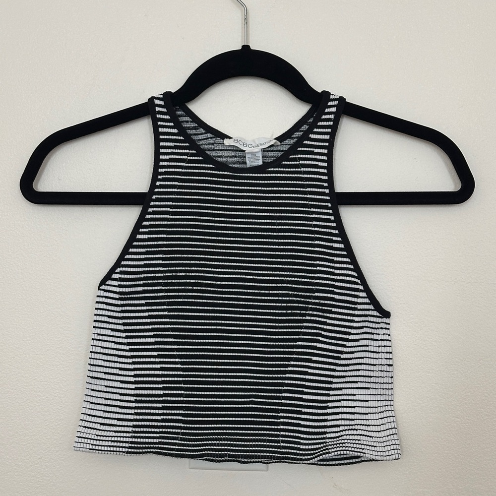 BCBGeneration Black and White Striped Crop Tank Top